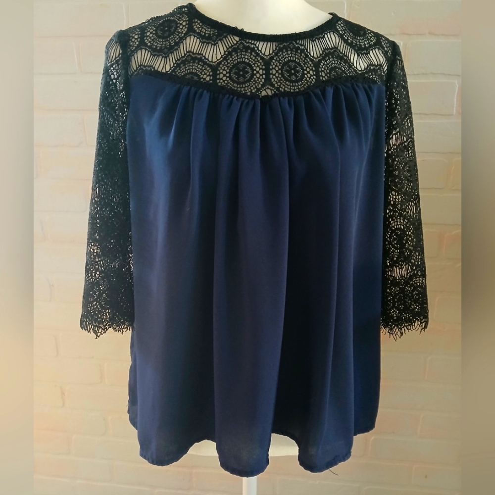 Navy Blue Blouse With Black Lace Collar And Sleeves